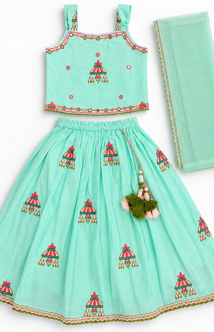 Mint Green Embroidered Lehenga Choli Set with Dupatta for Girls