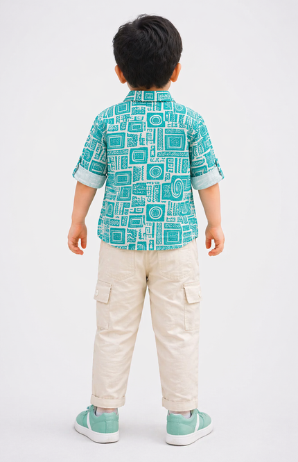 Boys' Teal and White Geometric Print Shirt with Khaki Linen Cargo Joggers