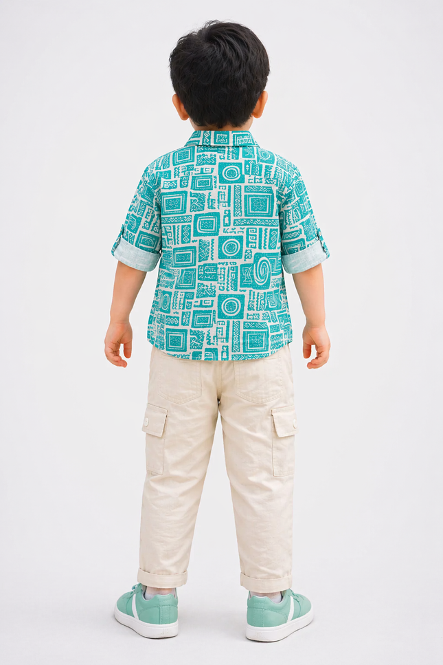 Boys' Teal and White Geometric Print Shirt with Khaki Linen Cargo Joggers