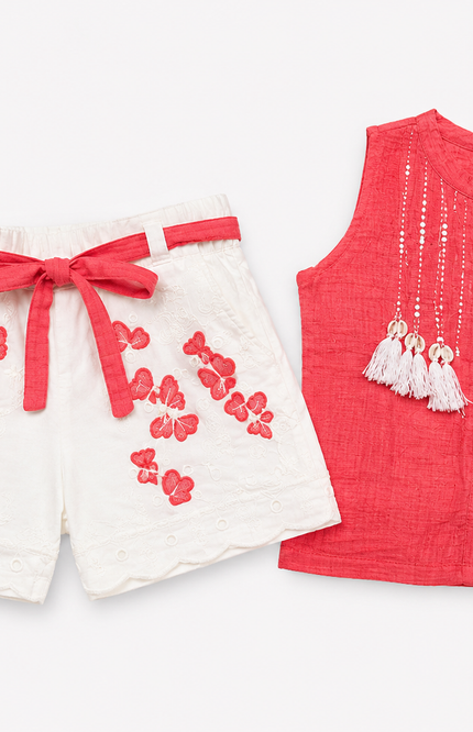 Coral Tassel Top & White Shorts Co-ord Set