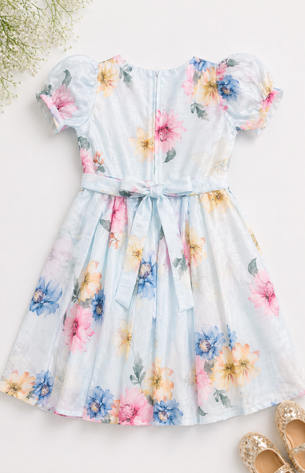 Pastel Blue Bloom Floral Puff Sleeve Kids Dress