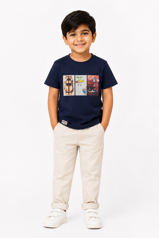 Navy Blue Racing Cars Graphic Cotton T-Shirt
