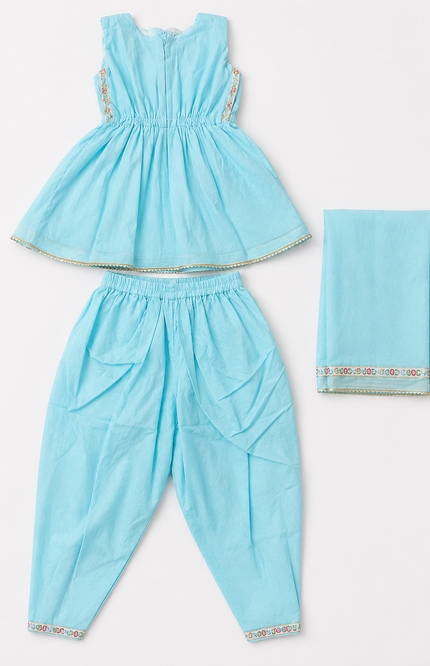 Sky Blue Embroidered Kids Ethnic Co-Ord Set with Dhoti Pants & Dupatta