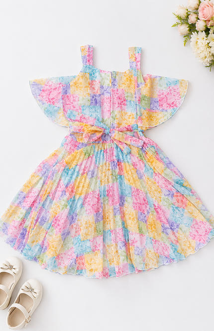 Floral Layered Flutter Sleeve Girls Dress