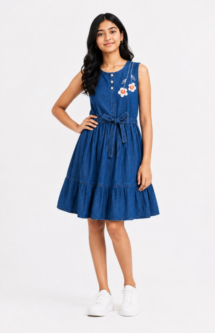 Girls’ Blue Denim Tiered Dress with Floral Embroidery