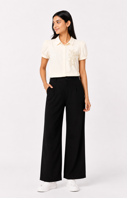 Floral Embroidered Puff-Sleeve Shirt