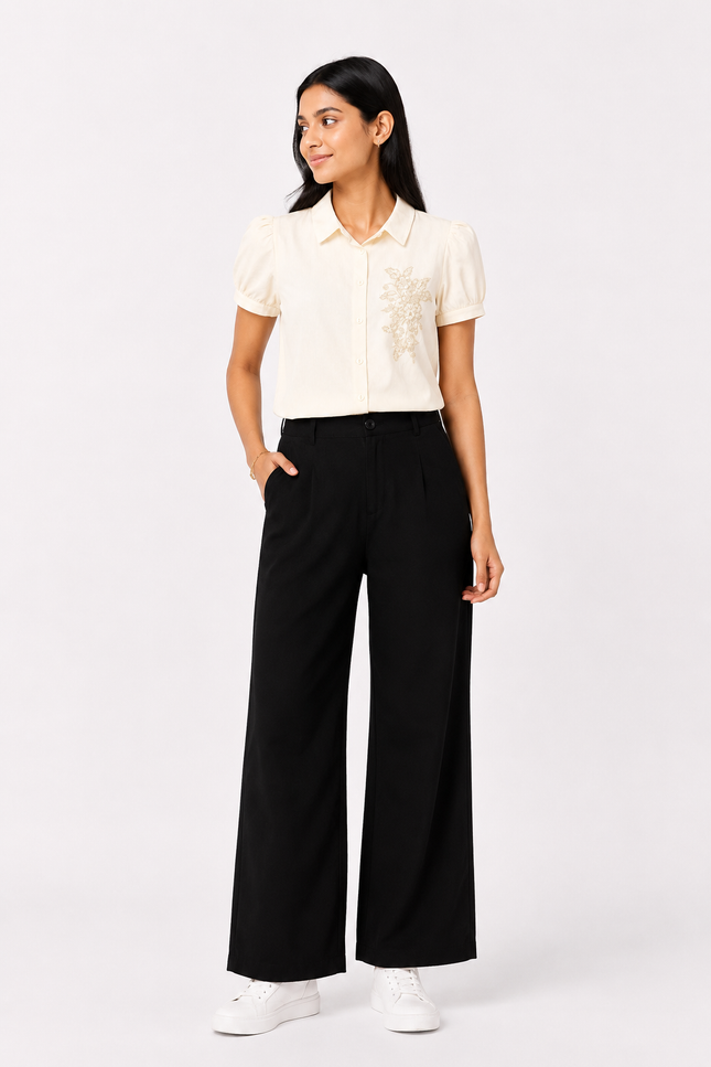 Floral Embroidered Puff-Sleeve Shirt