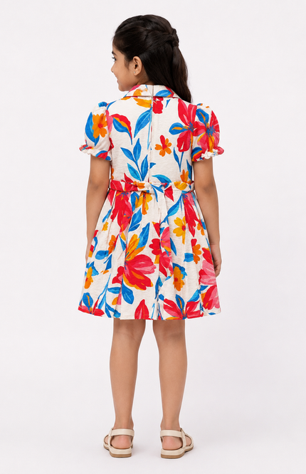 Tropical Floral Puff Sleeve Shirt Dress