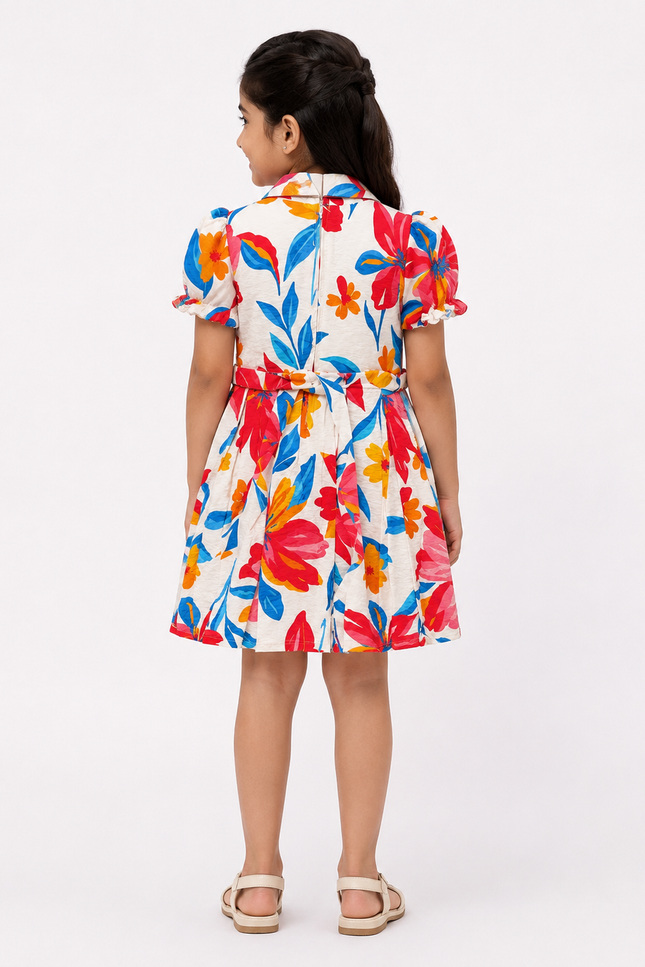 Tropical Floral Puff Sleeve Shirt Dress