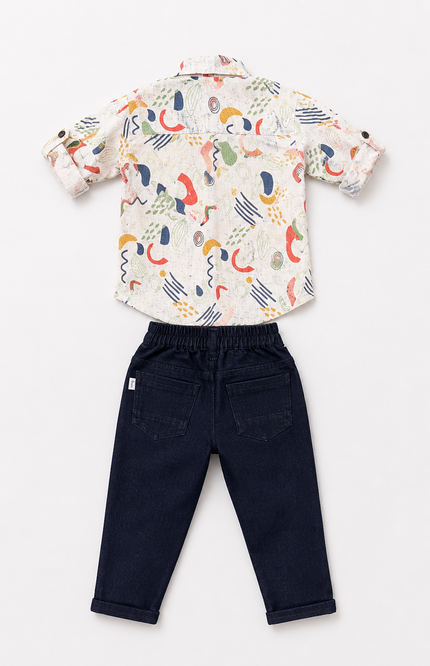 Abstract Printed Shirt with Dark Denim Pants Set