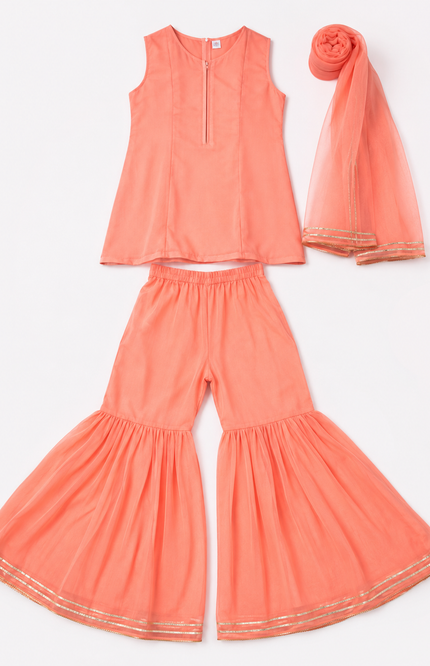 Peach Flared Sharara Set with Dupatta for Girls