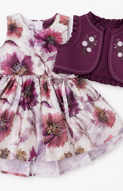 Wine Floral Party Dress with Embroidered Jacket