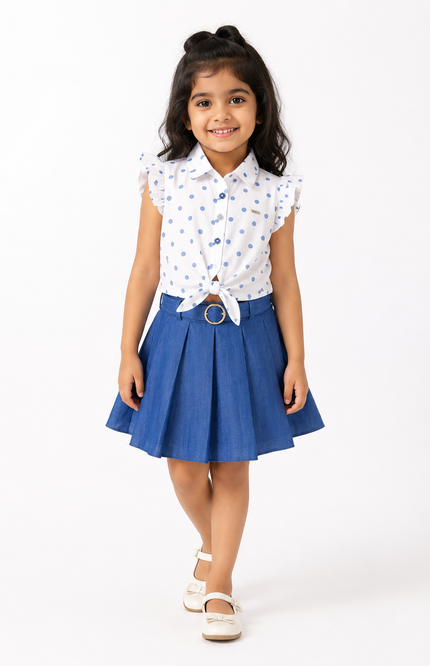 White Polka Dot Tie-Up Top with Blue Pleated Skirt Set