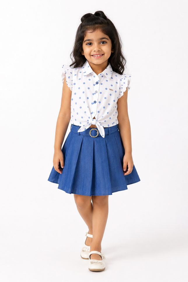 White Polka Dot Tie-Up Top with Blue Pleated Skirt Set