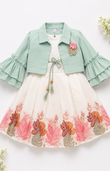 Green Bell Sleeve Jacket with Embroidered Flared Dress