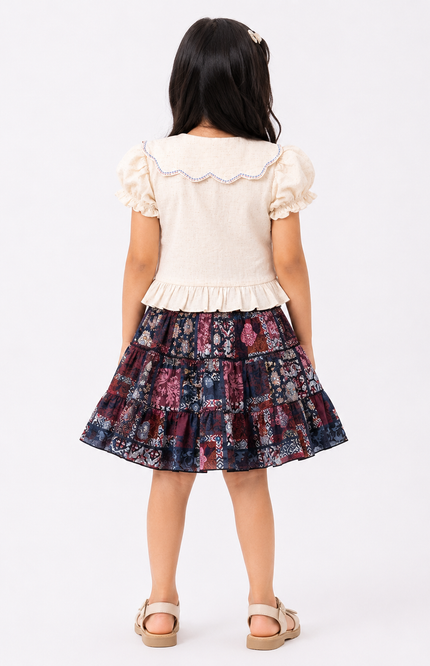 Elegant Girls Cotton Top & Printed Layered Skirt Set