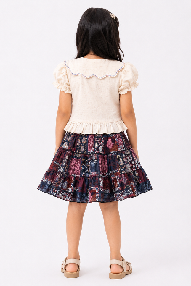 Elegant Girls Cotton Top & Printed Layered Skirt Set