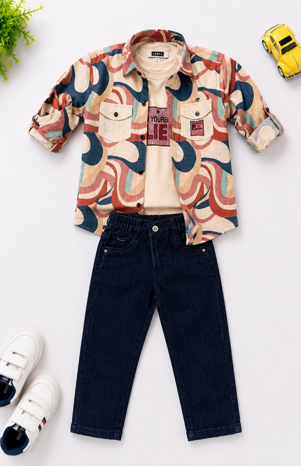 Retro Print Shirt & Denim Jeans Kids Co-Ord Set