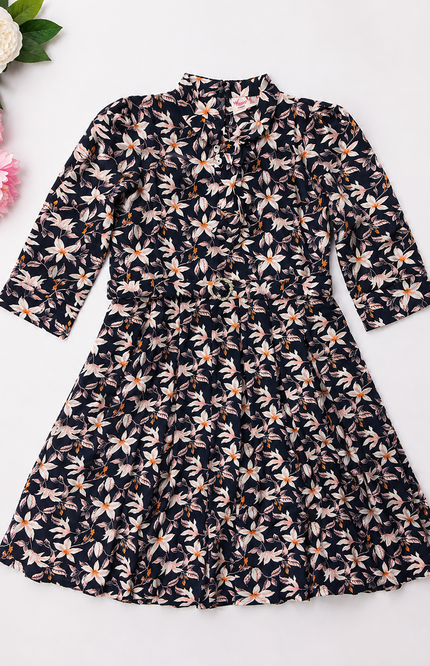 Girls Floral Print Full Sleeve Fit & Flare Dress