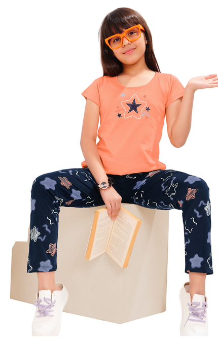 Girls' "Forever Star" Hosiery Pajama Set | Peach & Navy Star Lounge Set