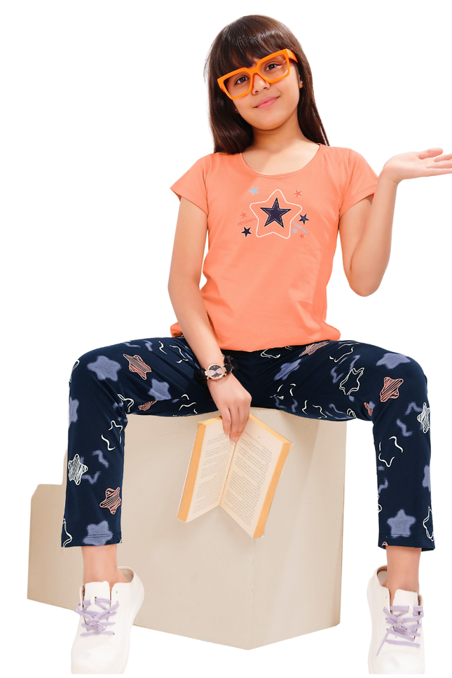 Girls' "Forever Star" Hosiery Pajama Set | Peach & Navy Star Lounge Set