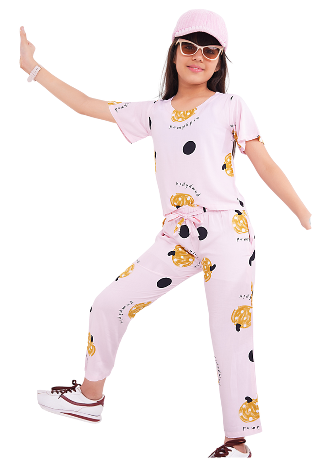 Girls' Pink Pumpkin Print Pajama Set | Soft Loungewear Co-ord