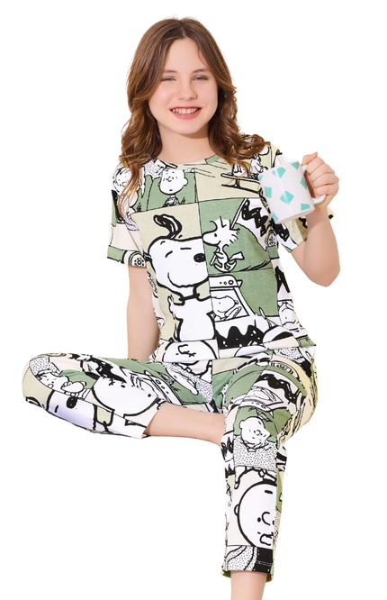 Girls' Premium Hosiery Snoopy pajama set | Green/Off-White Peanuts Loungewear