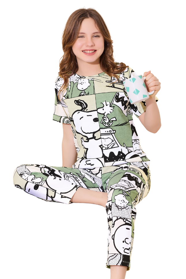 Girls' Premium Hosiery Snoopy pajama set | Green/Off-White Peanuts Loungewear