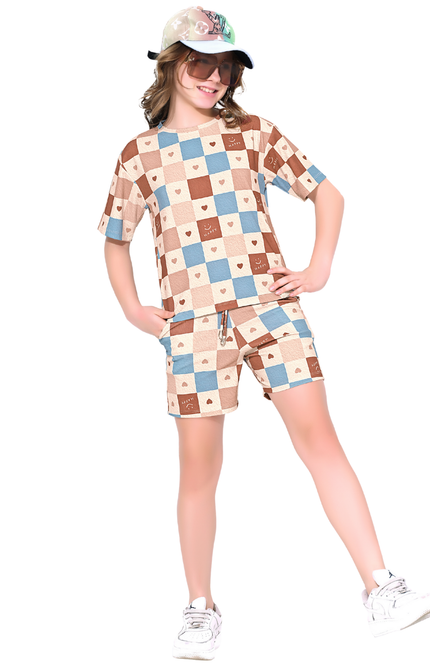 Kids Checkerboard Short Set | Blue & Brown Summer Co-ord