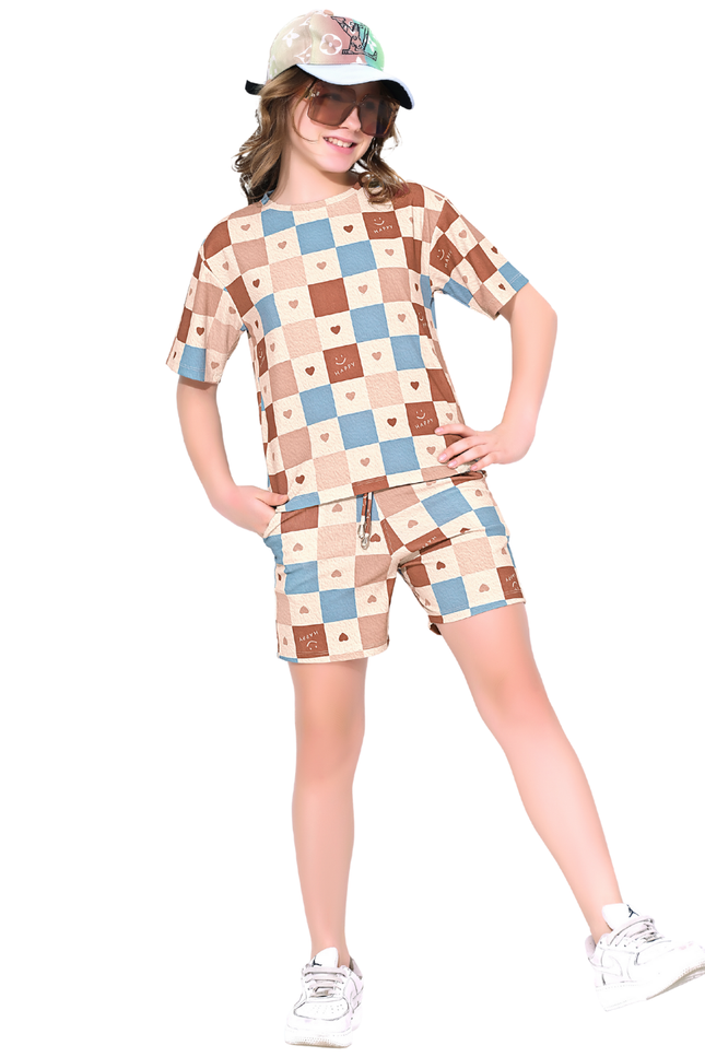 Kids Checkerboard Short Set | Blue & Brown Summer Co-ord