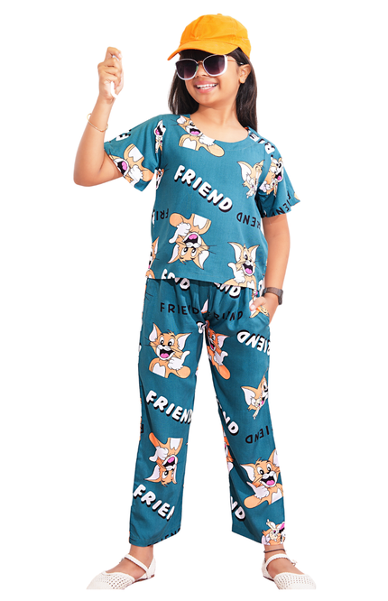 Girls' Teal Jerry Mouse Rayon Lounge Set | "Friend" Graphic Co-ord