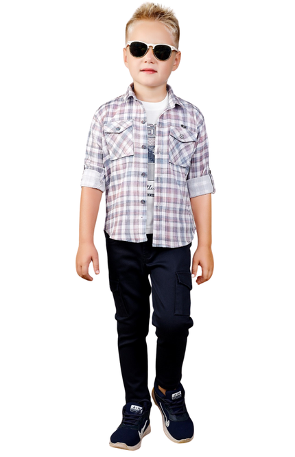 Kids' 3-Piece Smart-Casual Set – Checkered Overshirt, Graphic Tee, and Utility Cargo Pants
