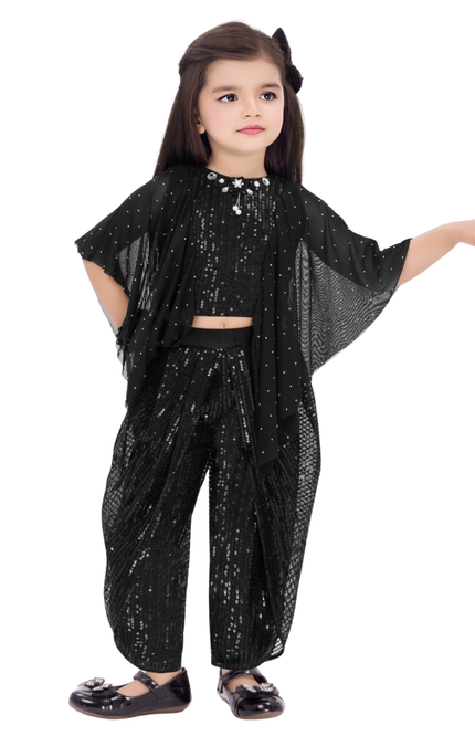 Girls' Black Sequin Crop Top and Dhoti Pant Set with Sheer Shimmer Cape
