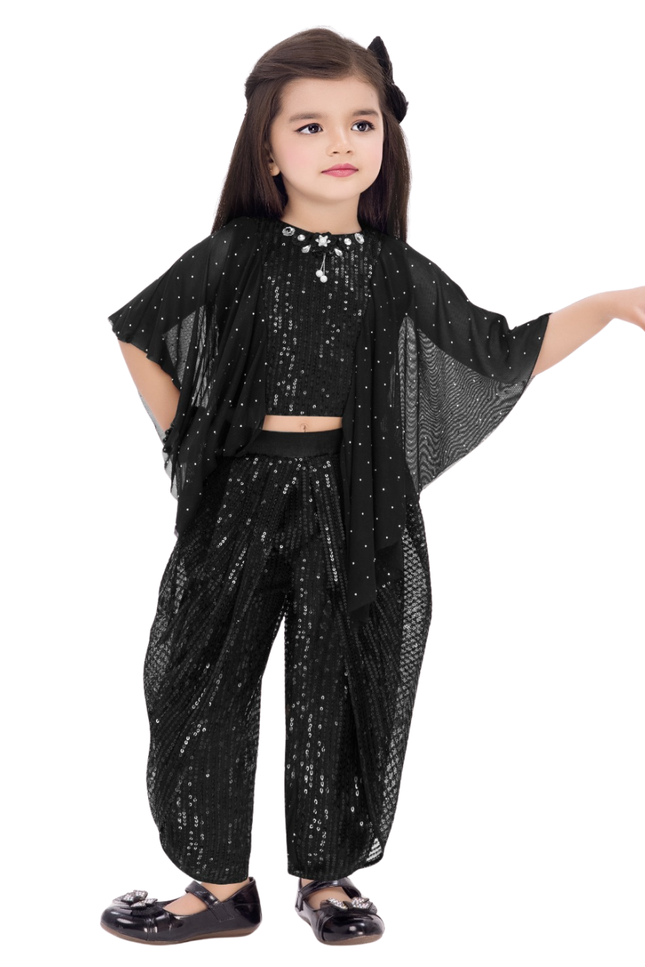 Girls' Black Sequin Crop Top and Dhoti Pant Set with Sheer Shimmer Cape