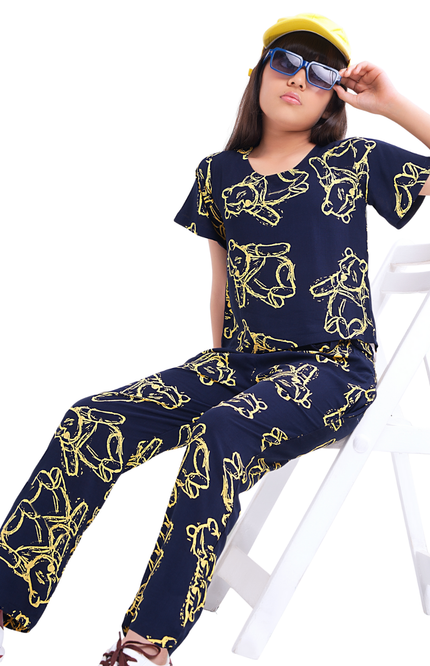 Girls' Navy Blue Winnie Bear Rayon Pajama Set | Sketch Print Lounge Set