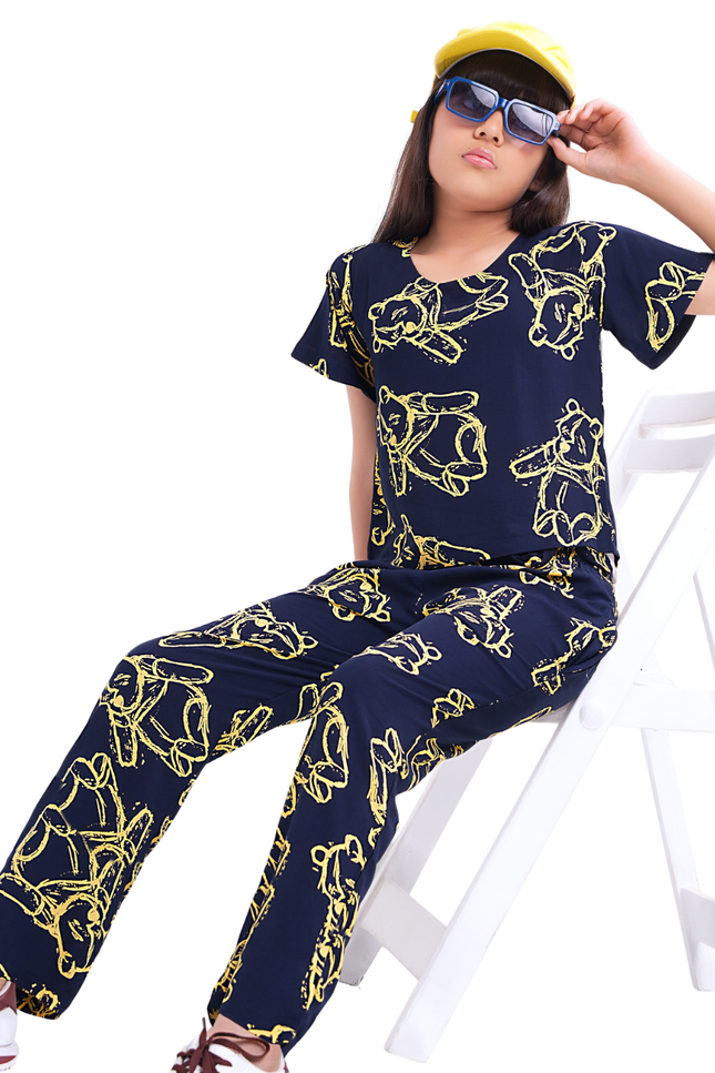 Girls' Navy Blue Winnie Bear Rayon Pajama Set | Sketch Print Lounge Set
