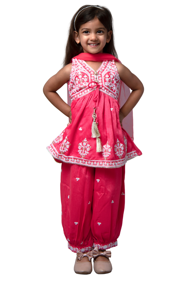 Festive Pink Peplum Kurti and Patiala Salwar Set for Girls