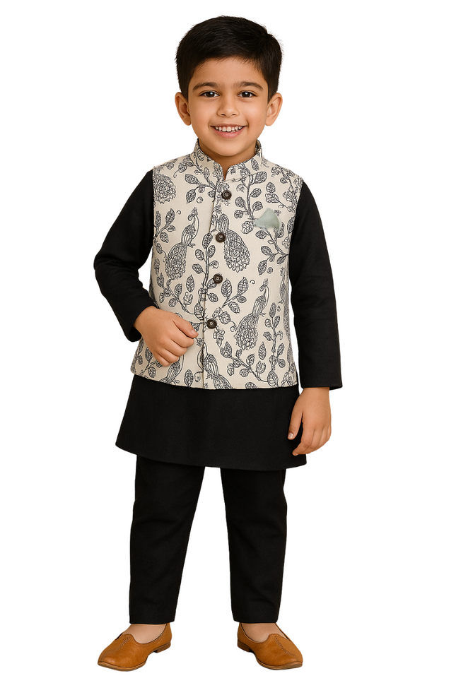 Boys' Black Kurta & Pyjama Set with Cream Printed Cotton Linen Nehru Jacket