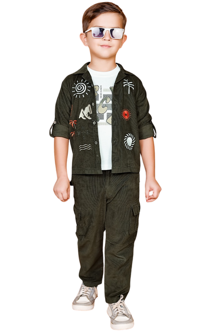 Boys' Dark Olive Embroidered Corduroy Shacket and Cargo Pant Set