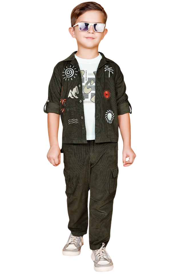 Boys' Dark Olive Embroidered Corduroy Shacket and Cargo Pant Set