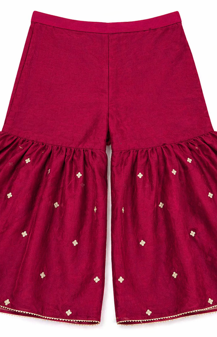 wine Embroidered Kurti Palazzo Set with Dupatta for Girls