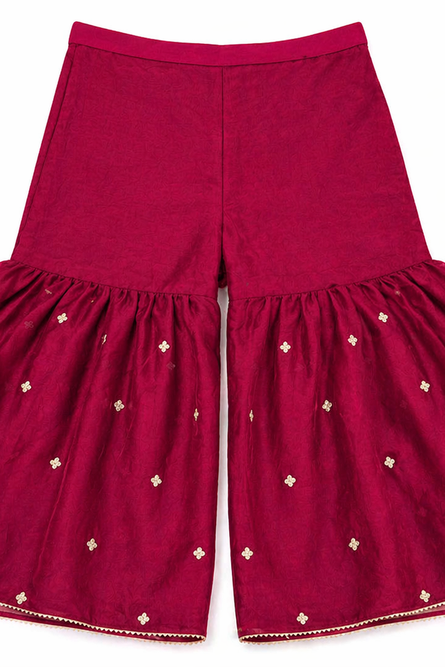 wine Embroidered Kurti Palazzo Set with Dupatta for Girls