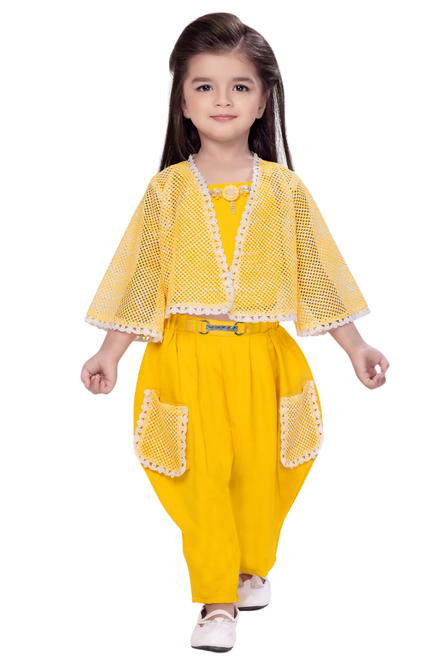 Kids' Canary Yellow Party Co-ord – Sheer Net Cape Top and Tapered Indo-Western Trousers