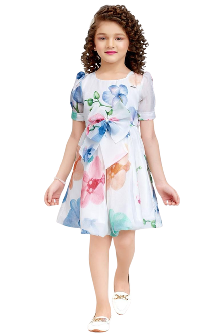 Girls' White Botanical Floral Party Dress with Statement Waist Bow