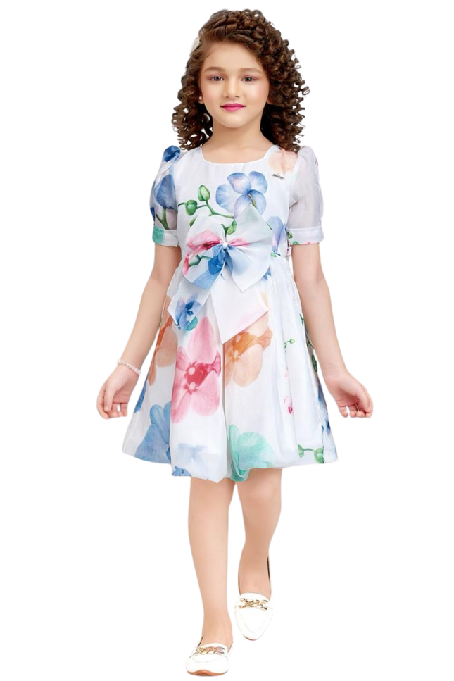 Girls' White Botanical Floral Party Dress with Statement Waist Bow