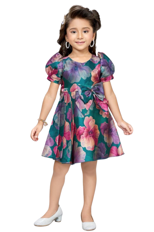 Girls' Emerald Green Floral Print Party Dress with Puff Sleeves and Bow