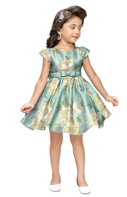 Sage Green Floral Party Dress with Bow Belt