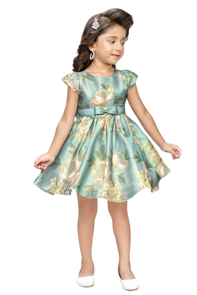 Sage Green Floral Party Dress with Bow Belt
