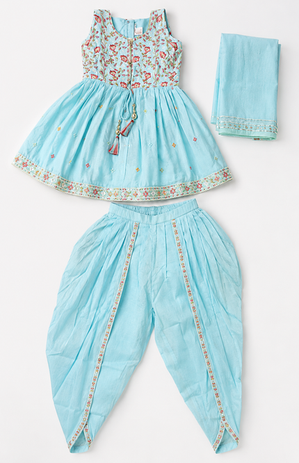 Sky Blue Embroidered Kids Ethnic Co-Ord Set with Dhoti Pants & Dupatta