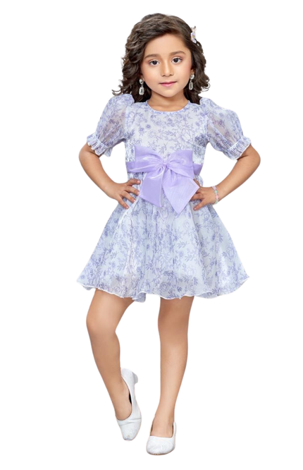 Girls' Lavender Floral Print Party Dress with Statement Organza Bow